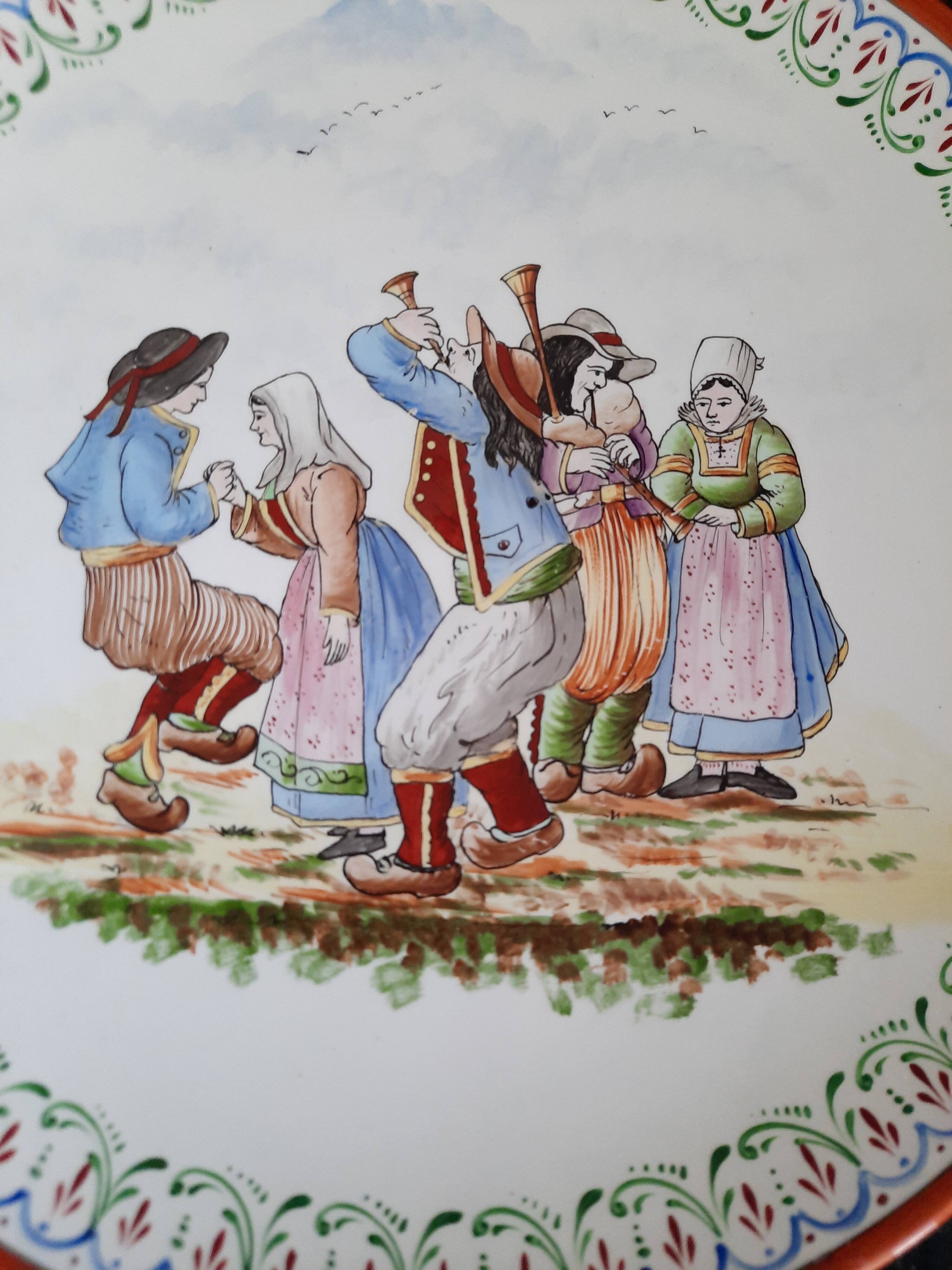 Large Round Antique Plate 33 cm Ceramic Pierrefonds - Regional Dance Decoration