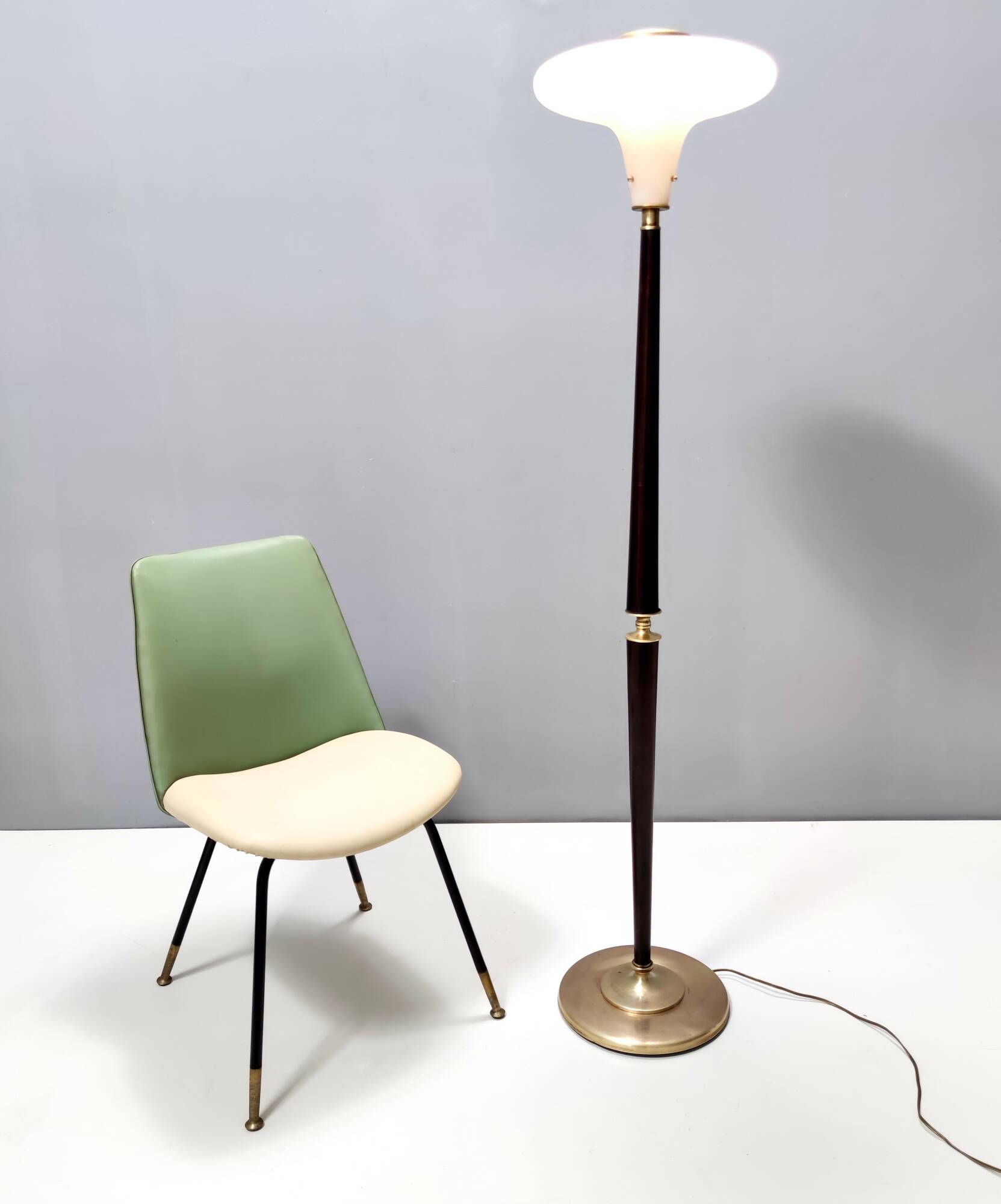 Elegant Glass, Beech and Brass Floor Lamp, Italy