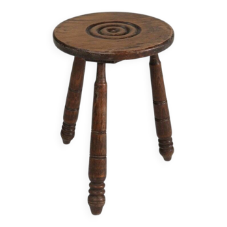 Vintage Brutalist low oak Stool, Belgium 1960s