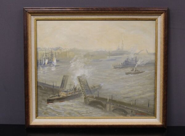 Huile sur toile scène de marine l'entrée au port XX