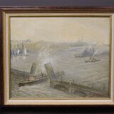 Huile sur toile scène de marine l'entrée au port XX