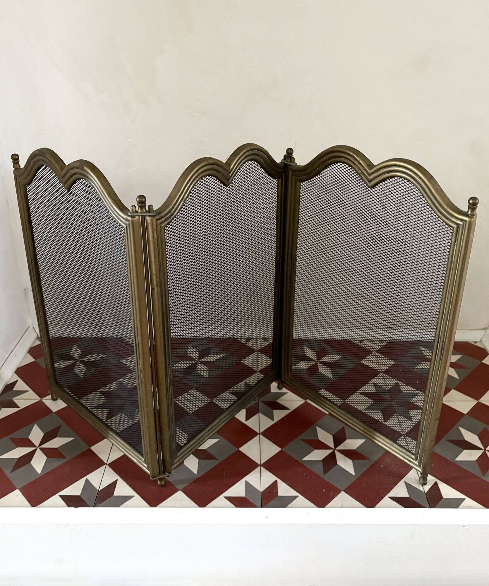 Three-panel solid brass fire screen