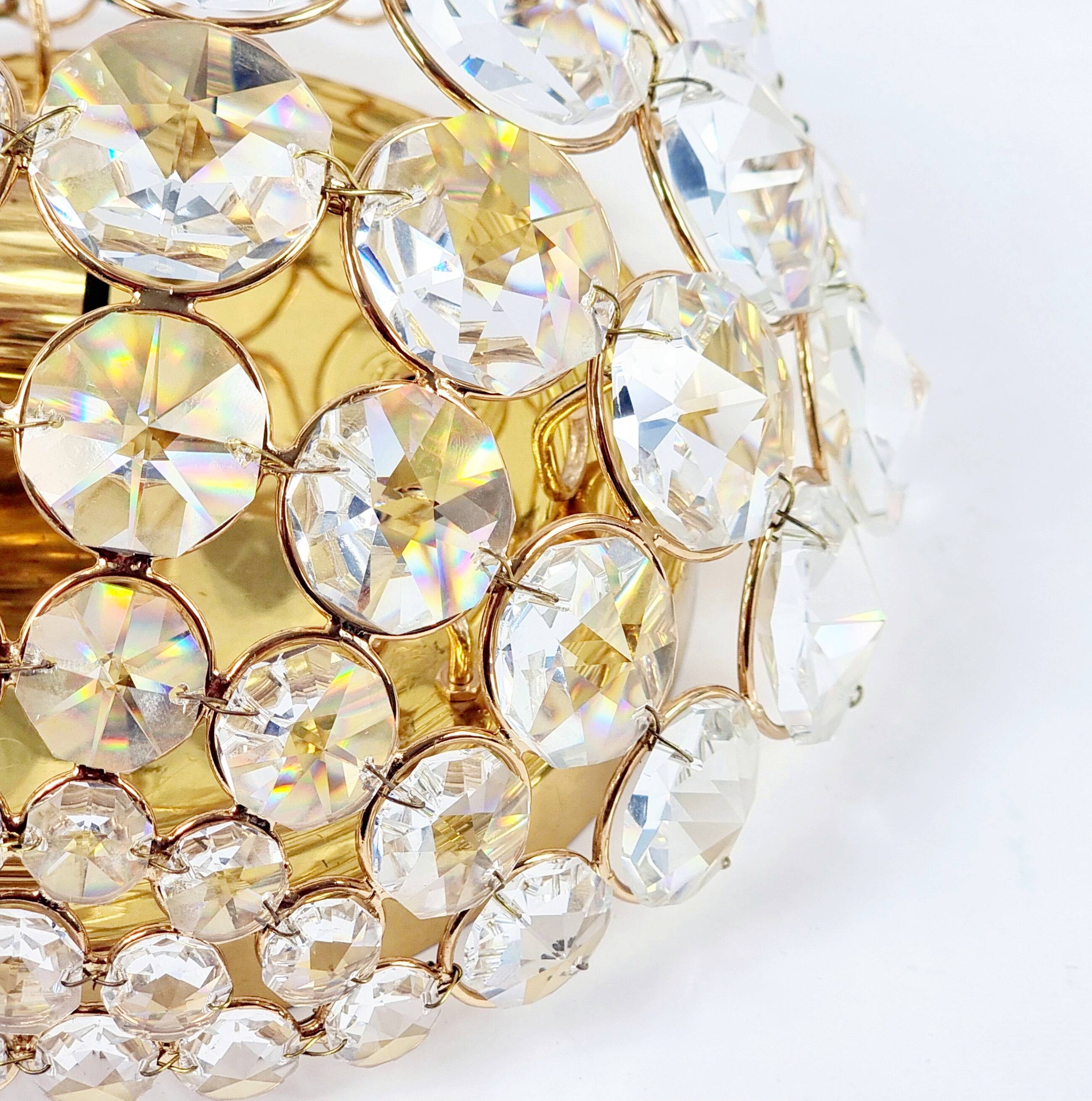 Crystal & gilt brass flush mount from palwa, germany, 1970s