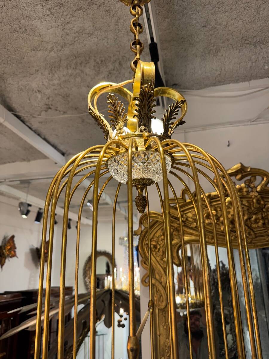 Lustre cage en cristal et bronze vers 1900