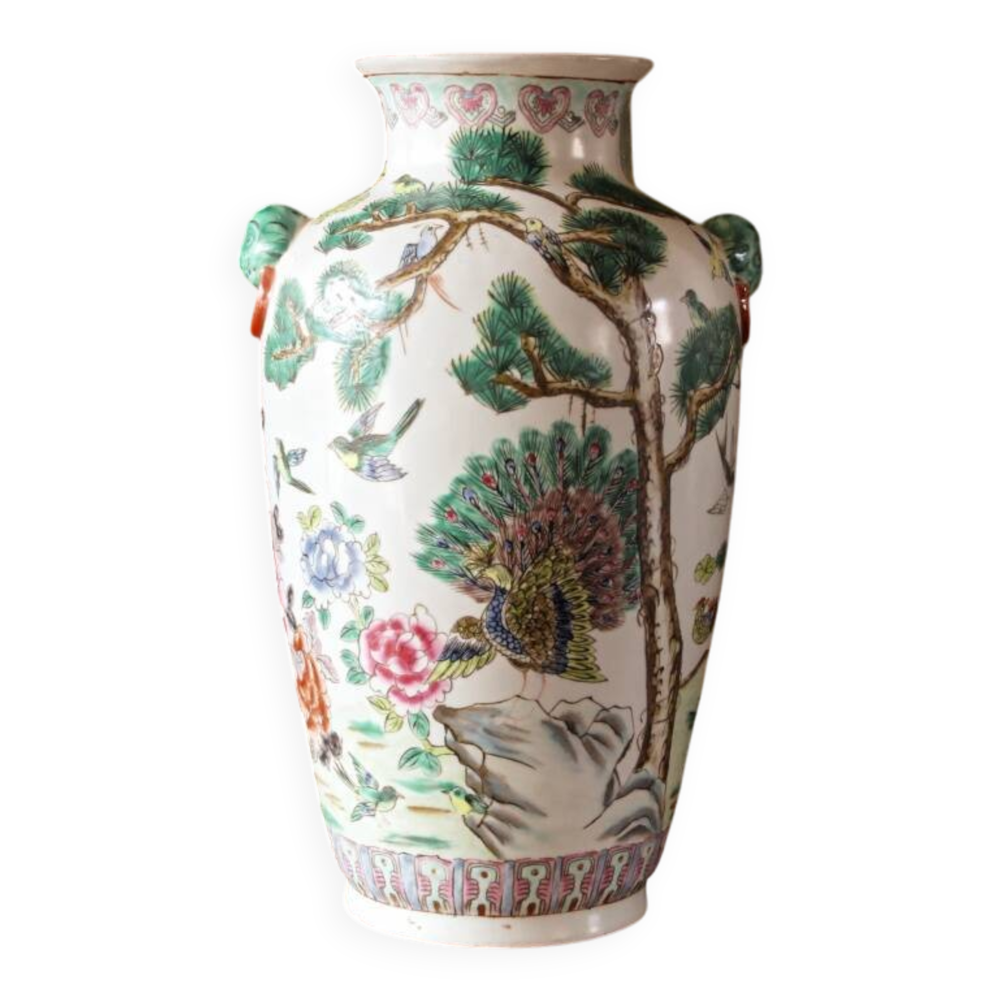 Chinese porcelain vase, peacocks, birds, trees, peonies