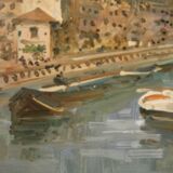 Italian signed landscape painting view of river with boats