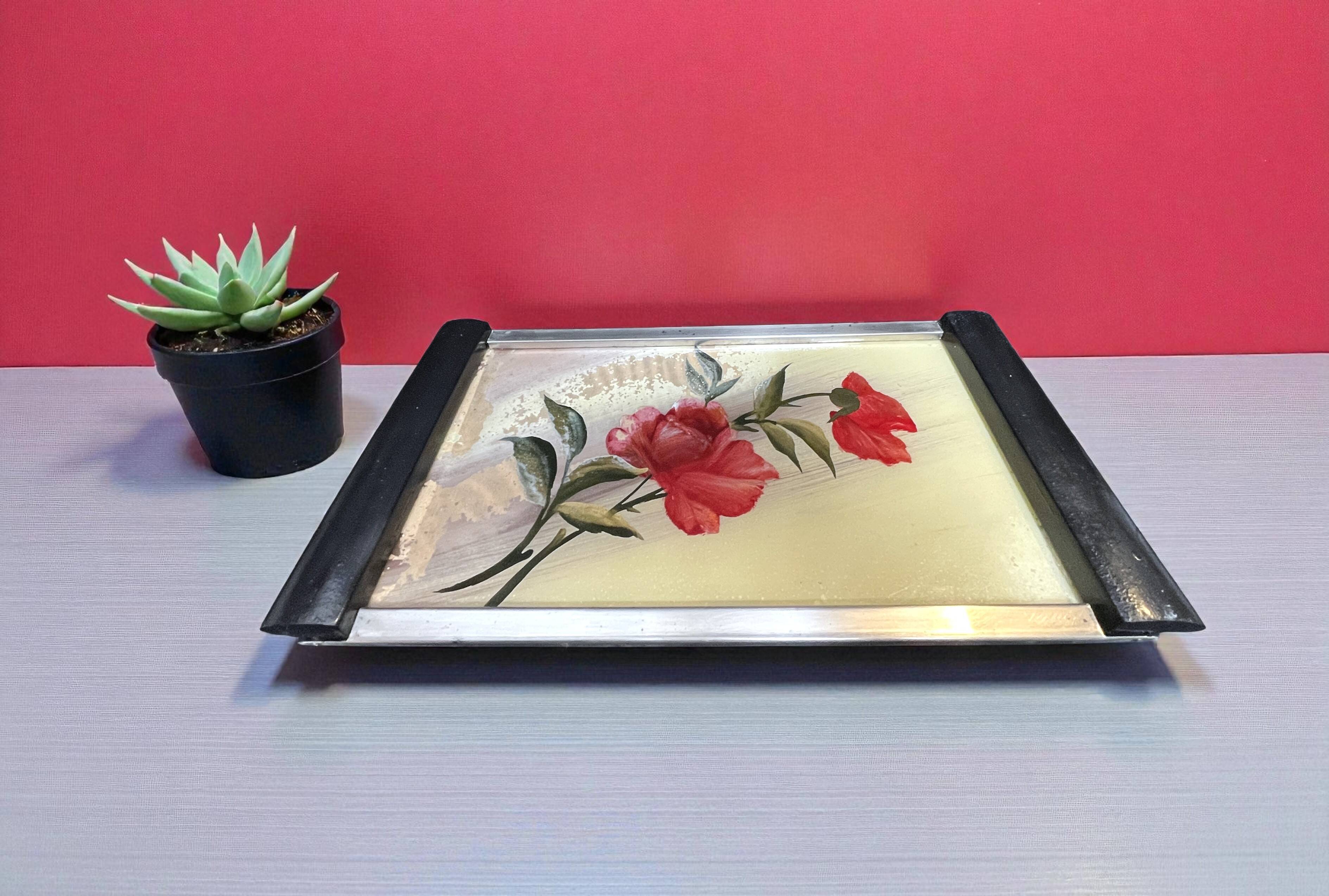Art Deco, gouache tray under glass, black wood handles, circa 1930