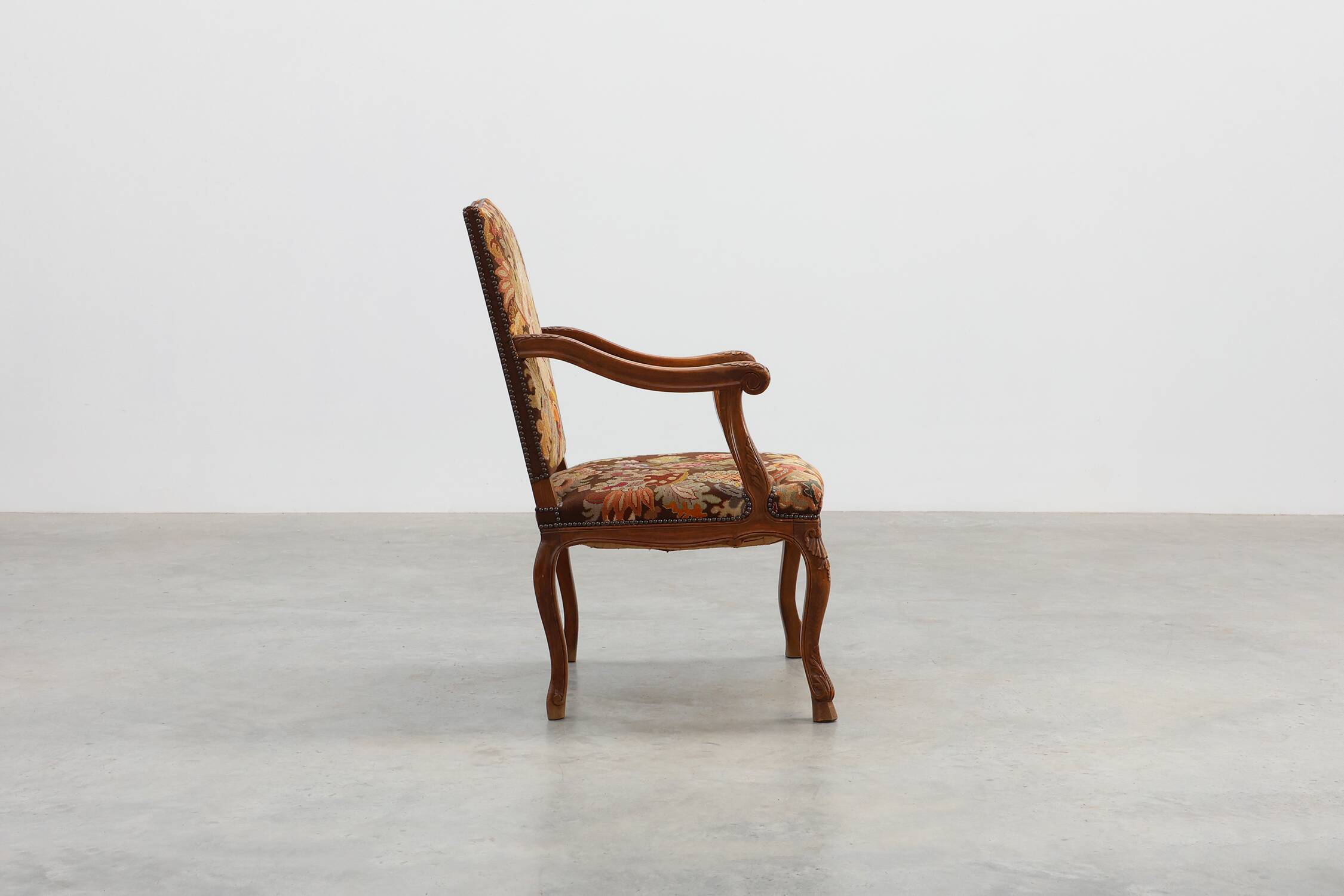 Louis XV Style Carved Walnut Armchair with Needlepoint Upholstery, France