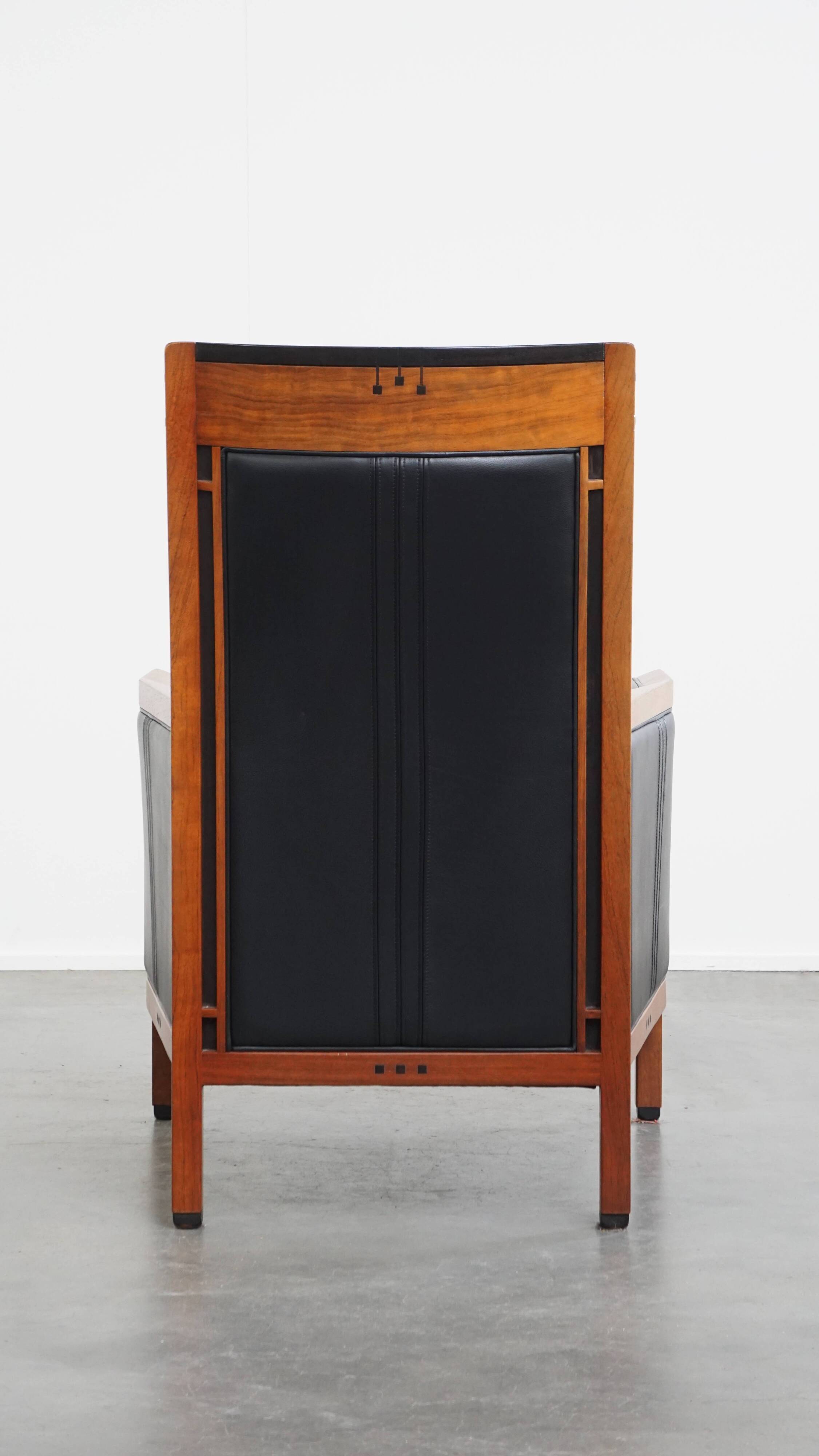 Black Cowhide Leather and Wooden Art Deco Armchair