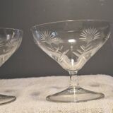 3 antique champagne coupes in engraved crystal with large daisies.