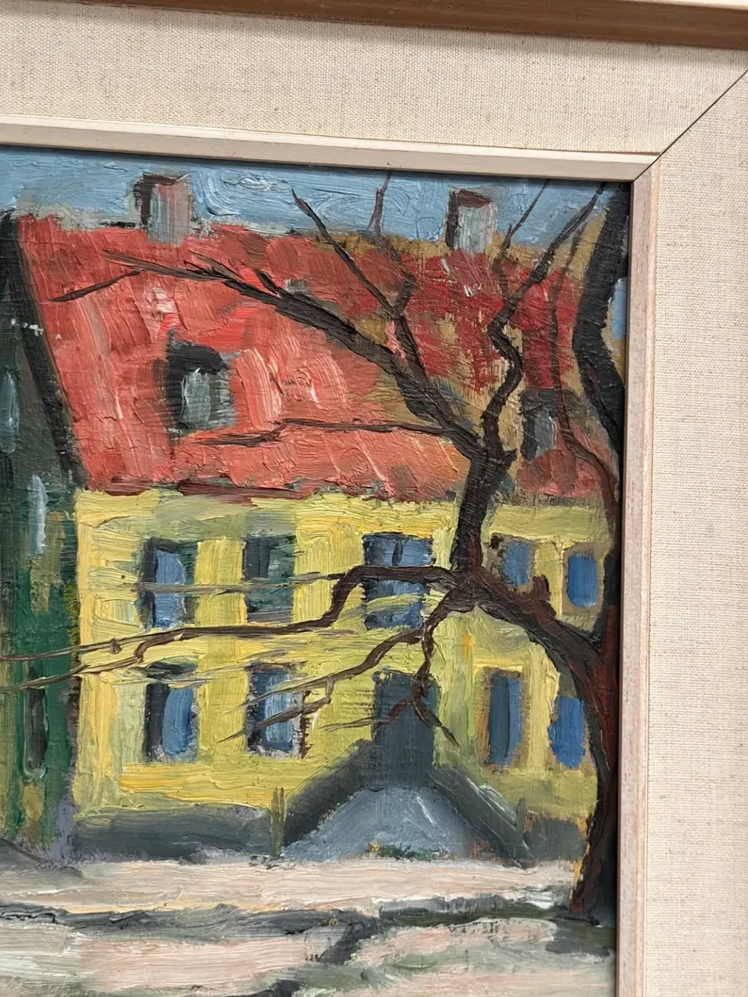 Original Swedish Oil on Panel – “Urban Landscape” by B. Gustavson – Signed – Dated 1947 – Vintage & Framed
