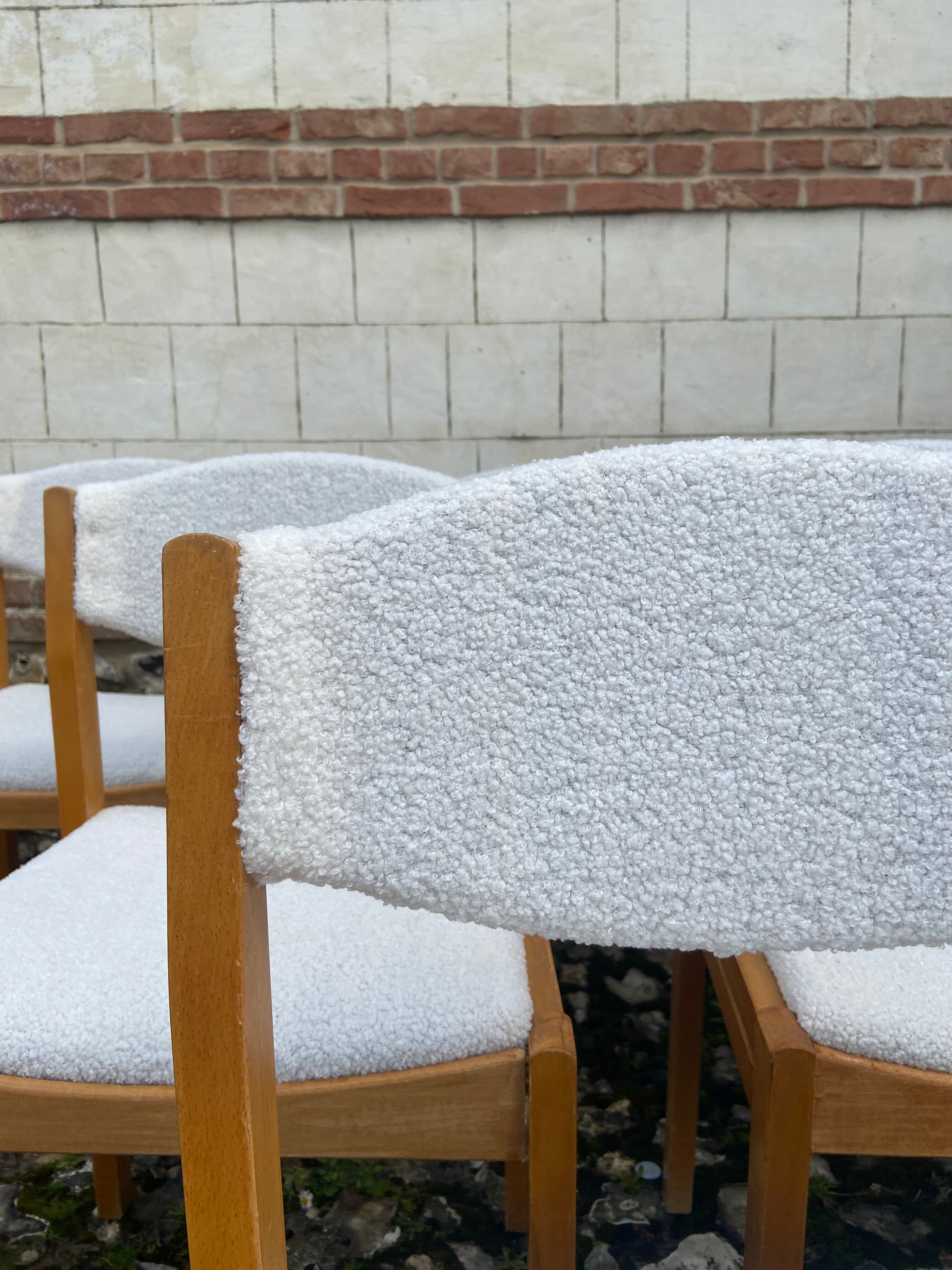 Six vintage 70s Baumann style chairs white buckle fabric