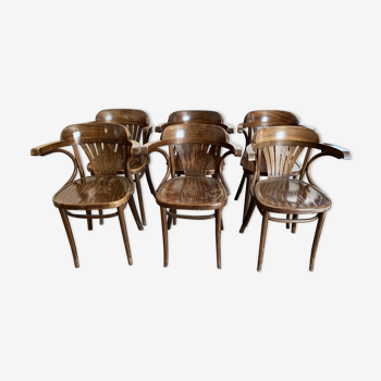 Set de 6 chaises  bistrot en bois courbé avec accoudoirs