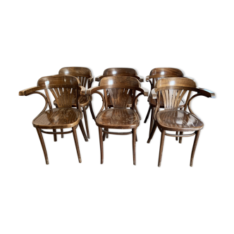 Set de 6 chaises  bistrot en bois courbé avec accoudoirs