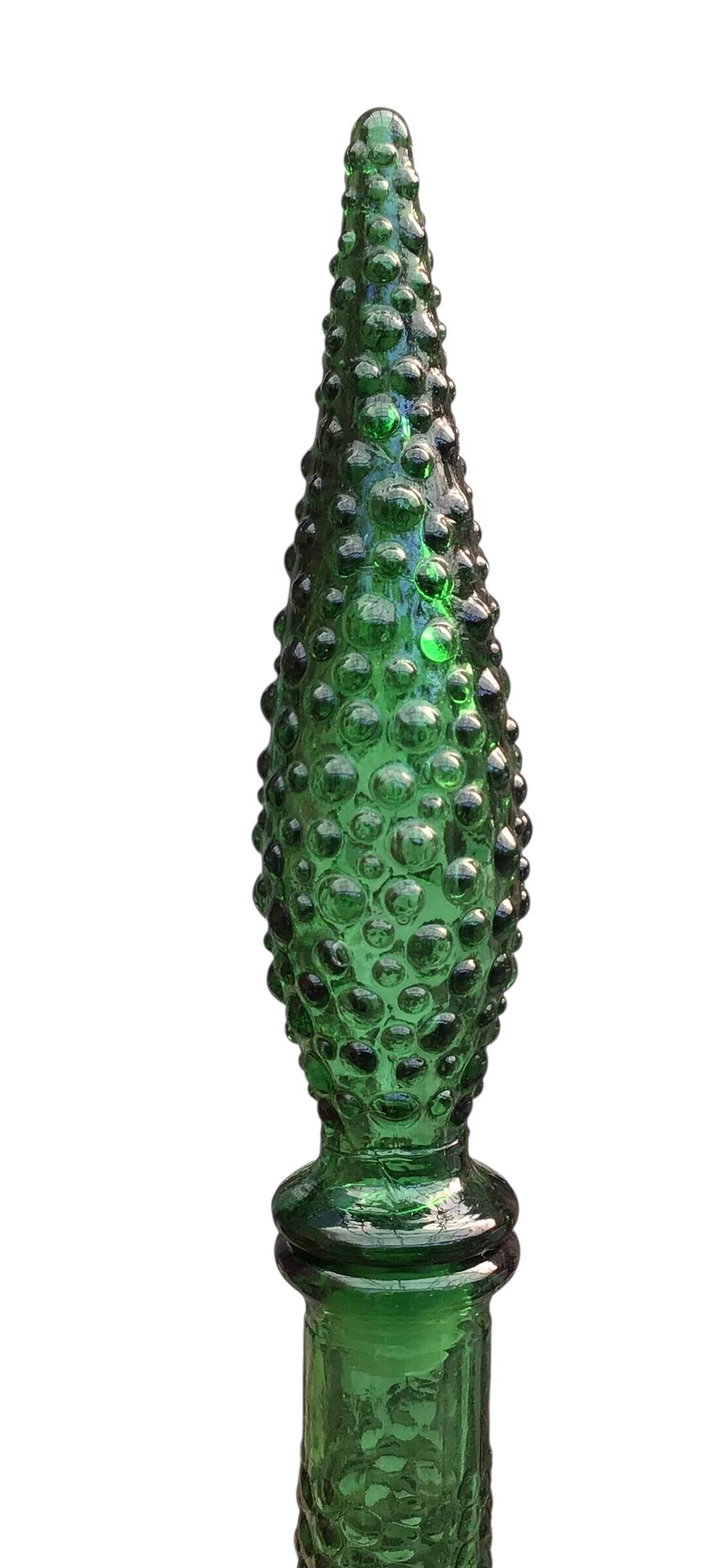 Large green Genie Empoli bubble glass bottle, Italy 1960s