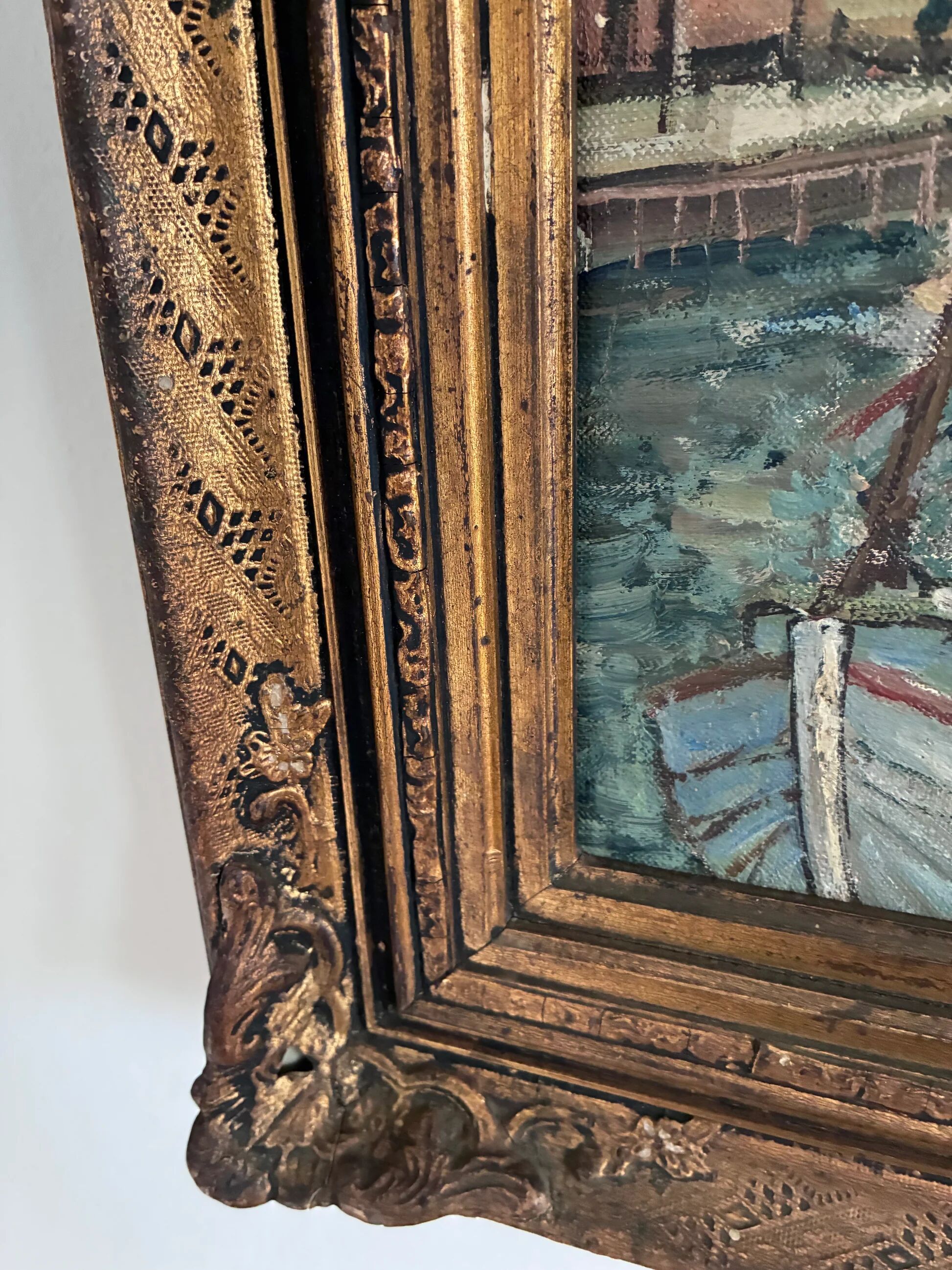 Vintage original Scandinavian harbor oil painting