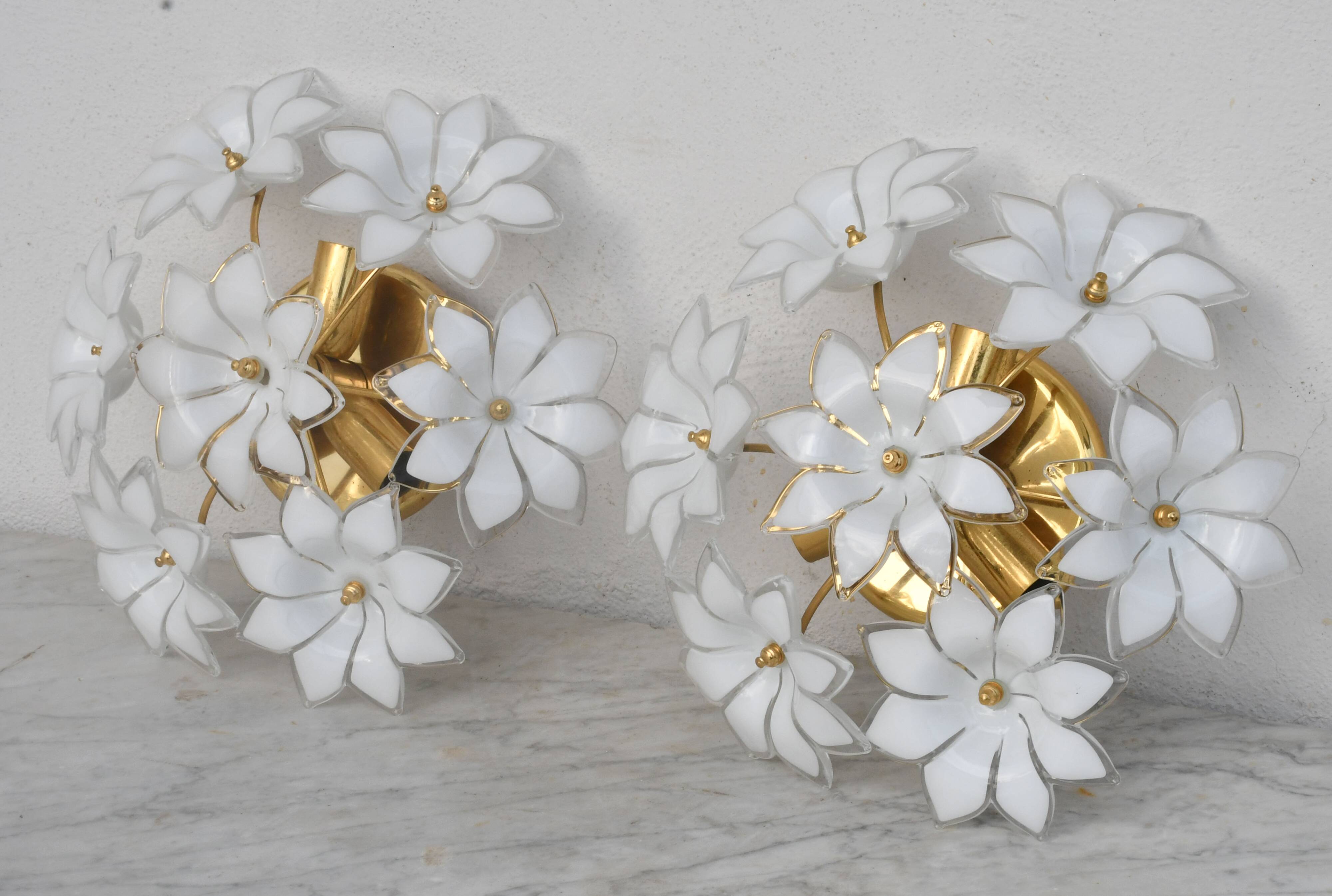 Set of 2 Charming Murano Vintage Ceiling Light White Flowers, 1970s