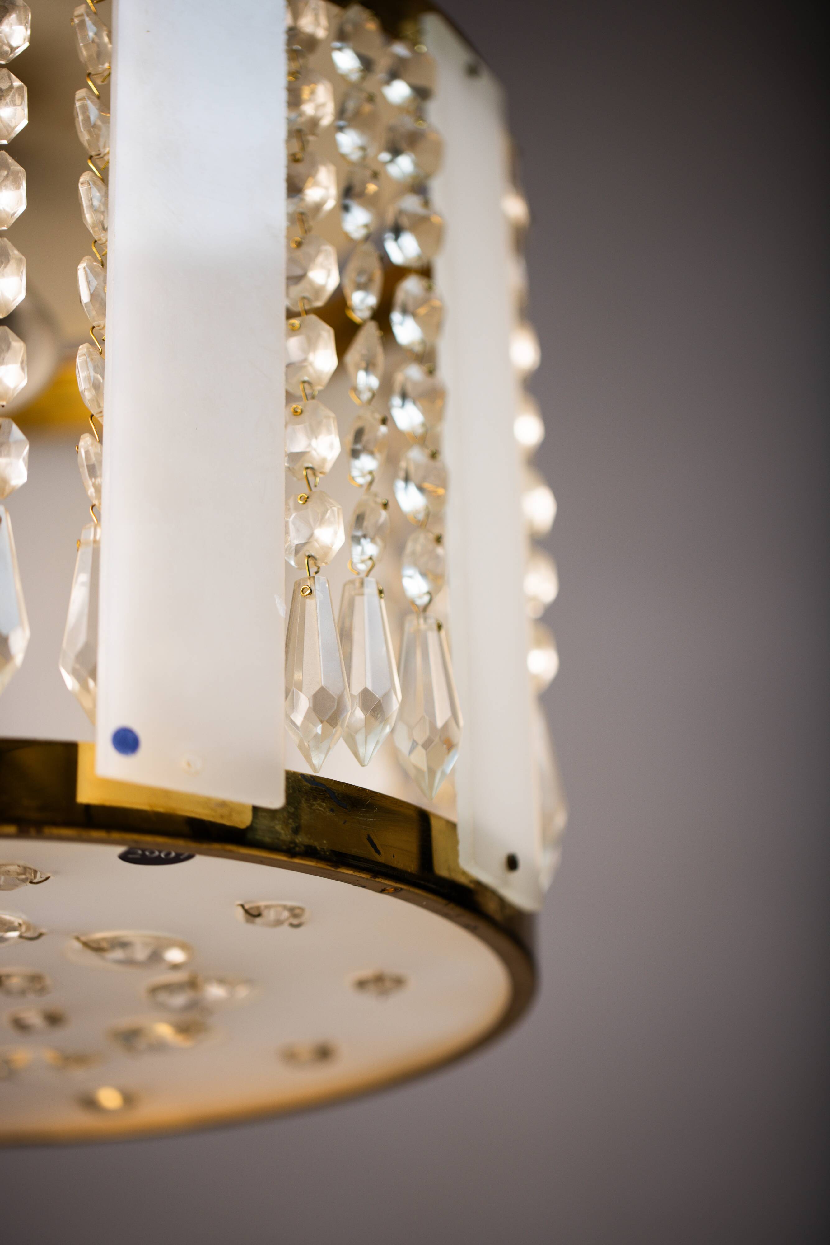 Vintage Crystal Chandelier: 1970s Czech Brass Glass Pendant Light