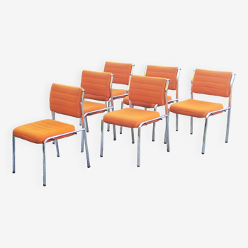 Set de 6 chaises design des années 70 tissus orange et tubes chromés