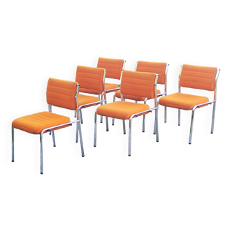 Set de 6 chaises design des années 70 tissus orange et tubes chromés