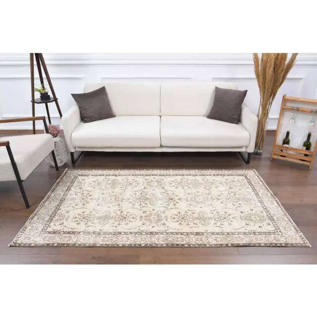 Vintage Turkish Oushak Handmade Wool Cotton Beige Area Rug 113x205