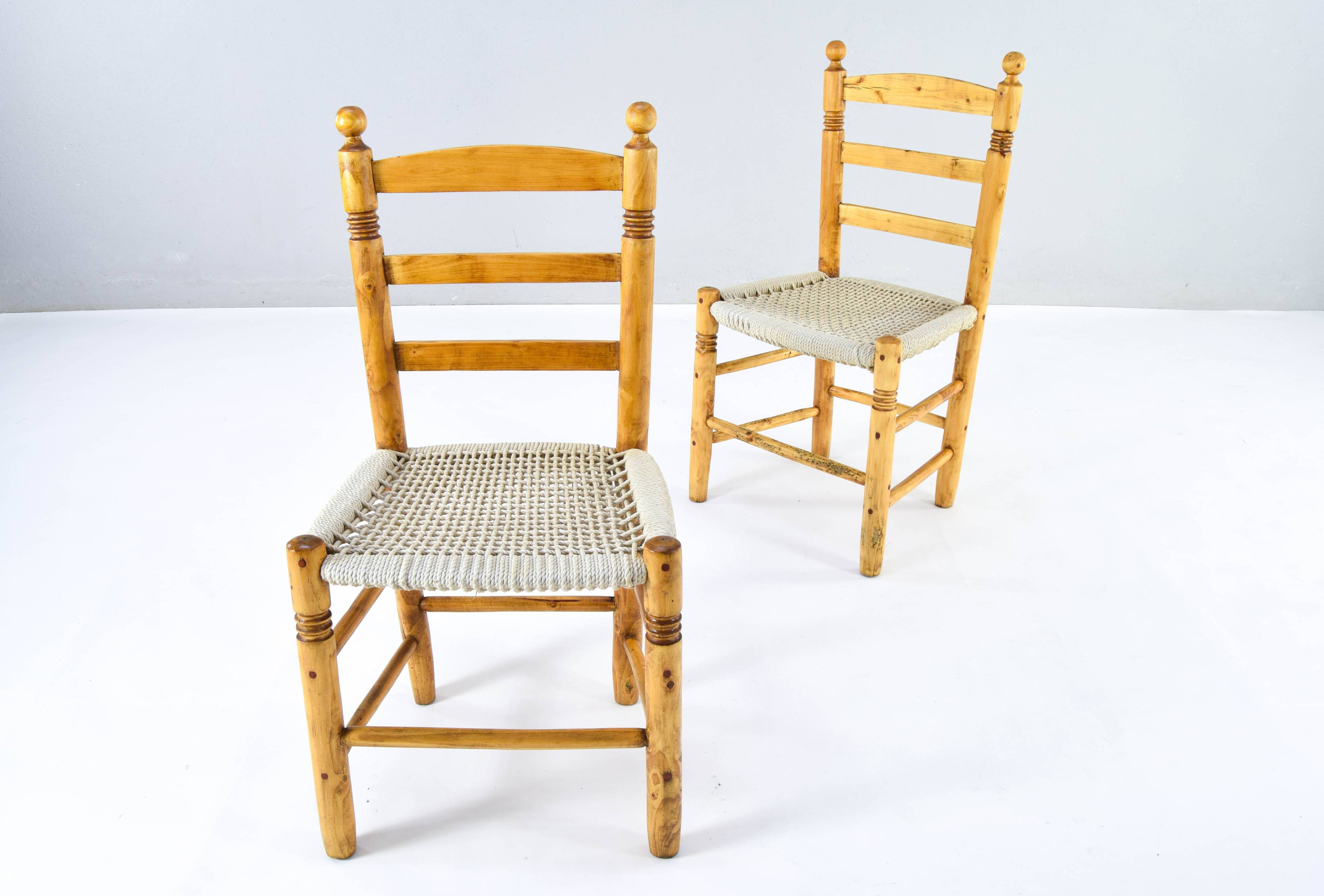 Antique low Traditional Andalusian Mediterranean Chairs made of Wood and Rope