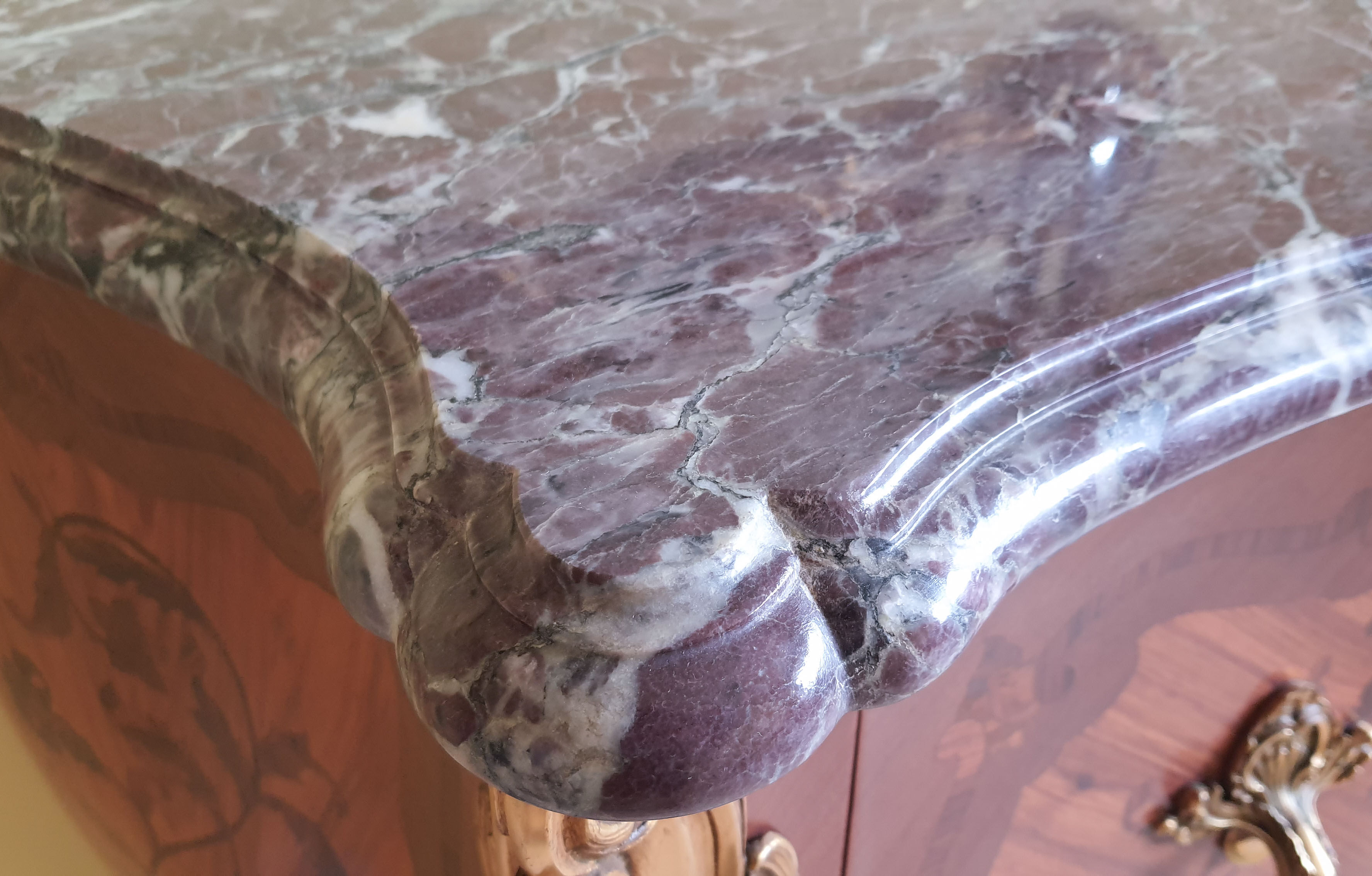 Louis XV chest of drawers marquetry and purple breccia marble