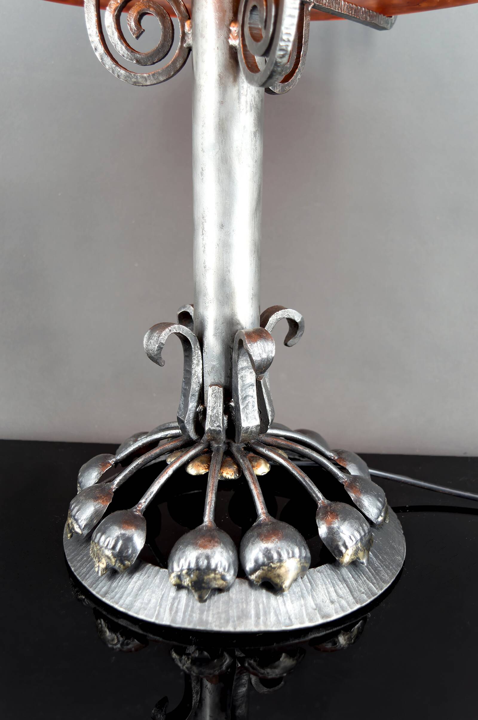 Important Stylized Wrought Iron Lamp with Glass Dome, c. 1930