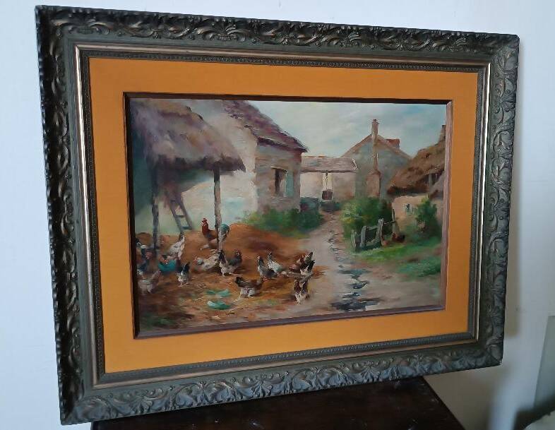 Oil painting on canvas Edmond Van Coppenolle (1846-1914) Landscape with chickens