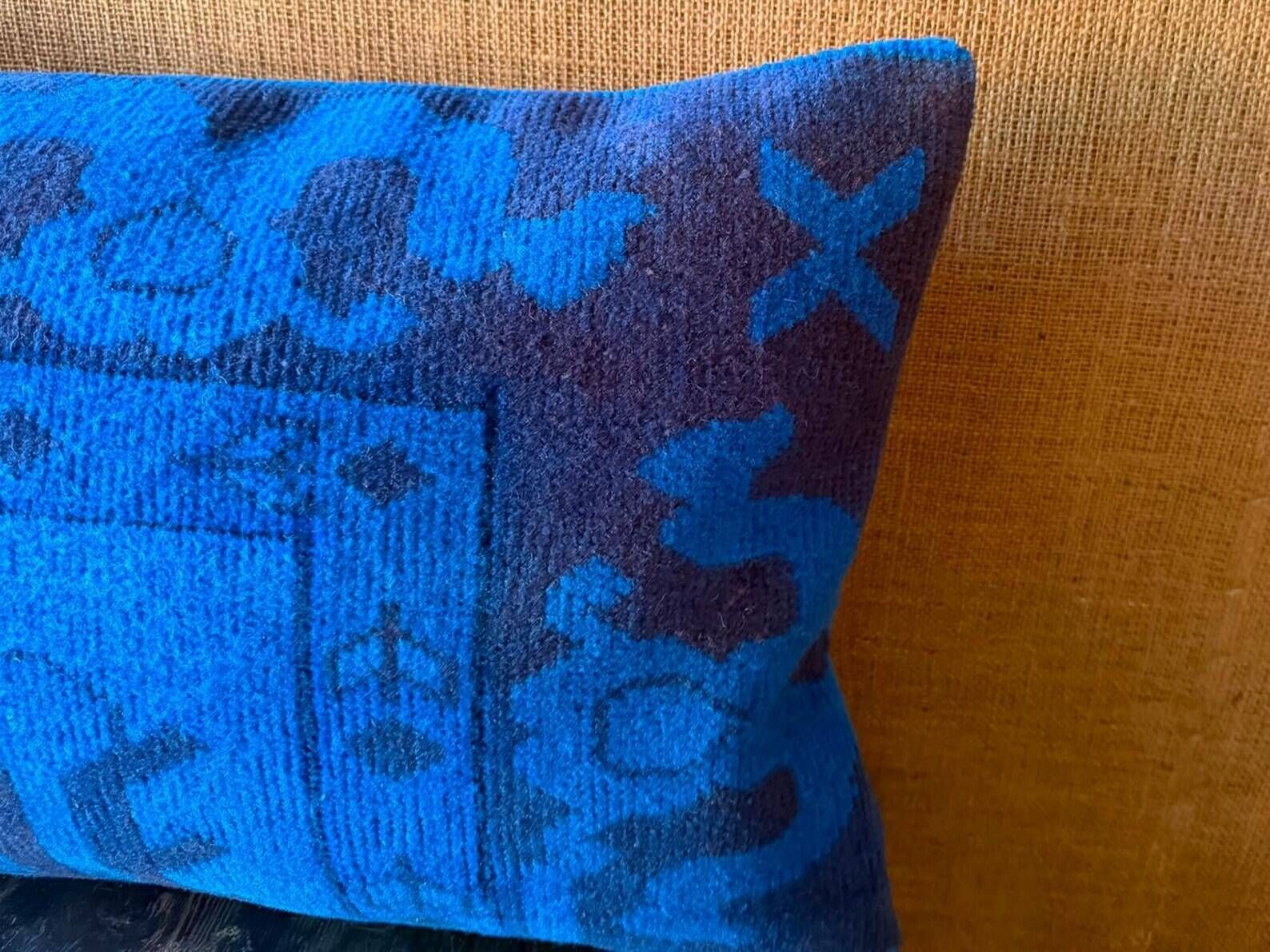 Electric Blue Vintage Turkish Rug Pillow, Hand-Stitched Wool Cushion