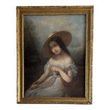 Portrait de jeune fille pastel sur toile milieu XIXe par Claude Gros