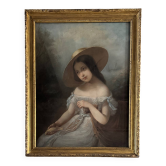 Portrait de jeune fille pastel sur toile milieu XIXe par Claude Gros