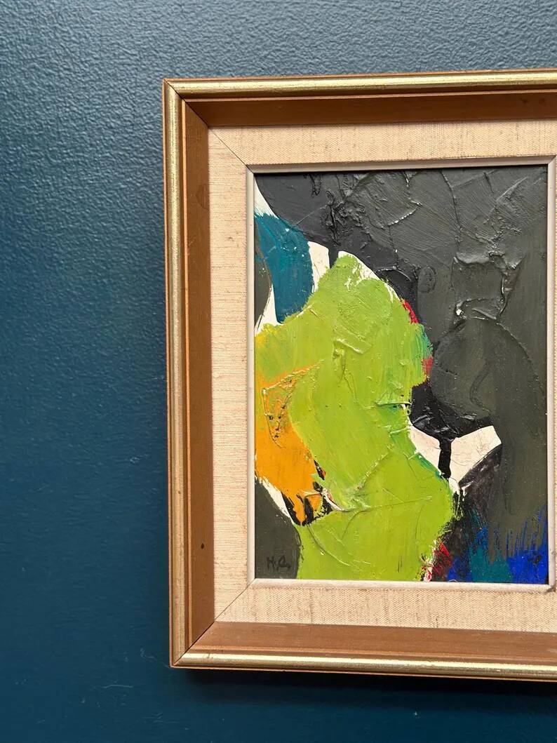 Original Swedish Oil on Panel – “Abstract in Green” by Hans Oswald – Signed – Vintage and Framed – 32 × 25 cm (12.6" × 9.8")