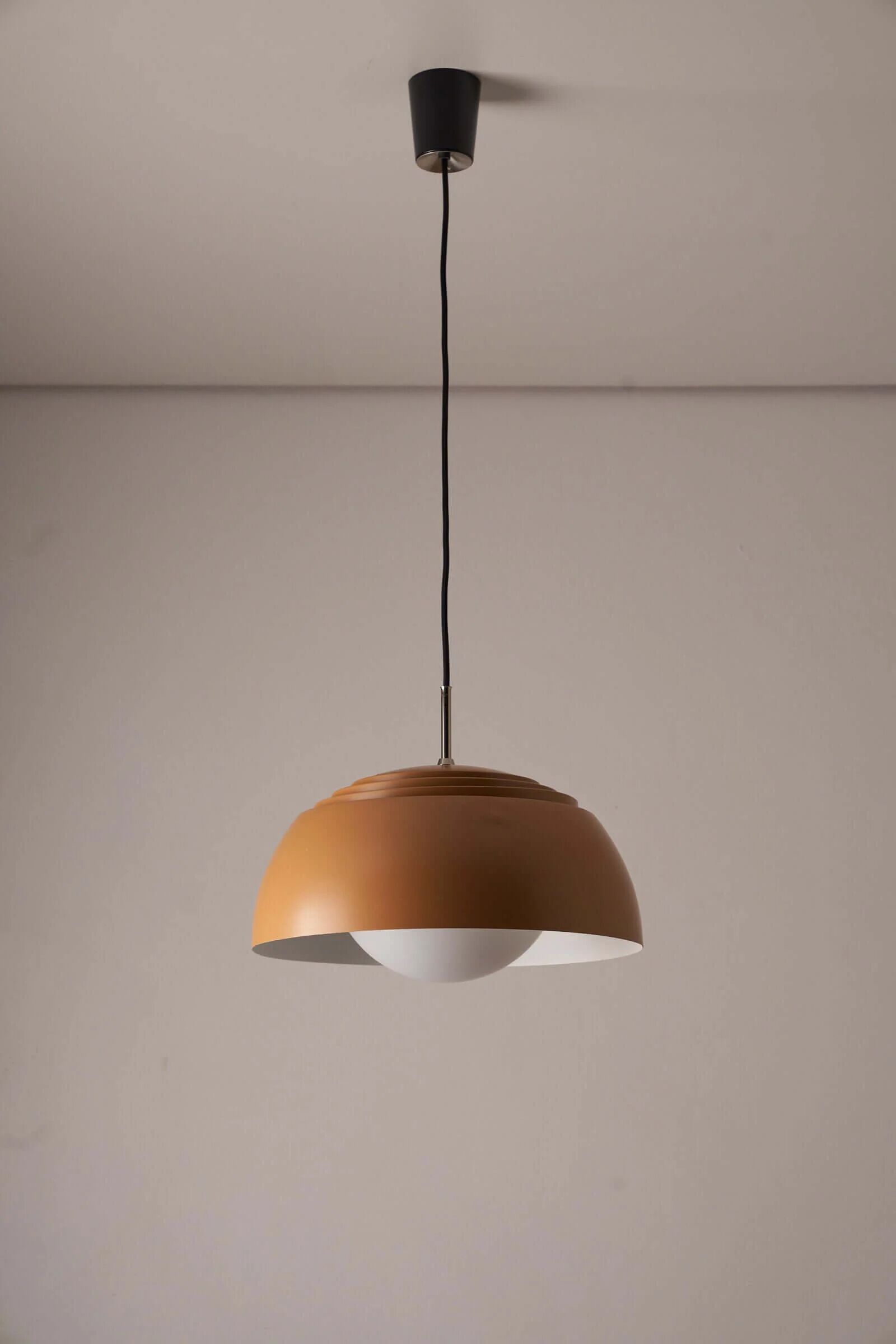 Pendant lamp by B+L Leuchten, orange dome shade and opal glass diffuser