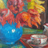 HST painting signed Aimée Beylot "Still life with flowers and porcelain" circa 1950