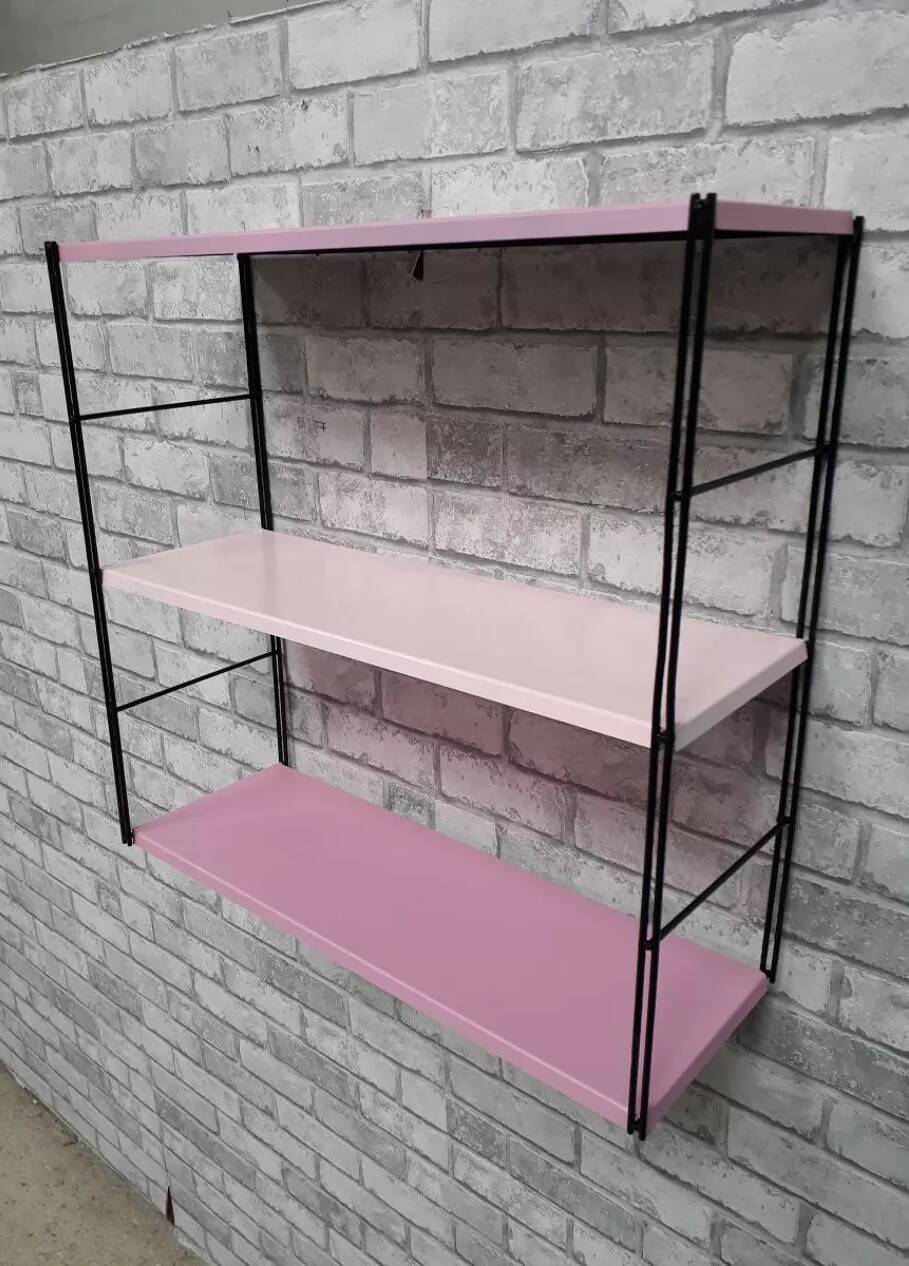 Pink metal string shelf, 2 tones, black uprights. 47x49x16 t1960 70.