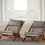 Mid-century dining/lounge chairs in pine and striped cotton canvas, Denmark, 1970s.