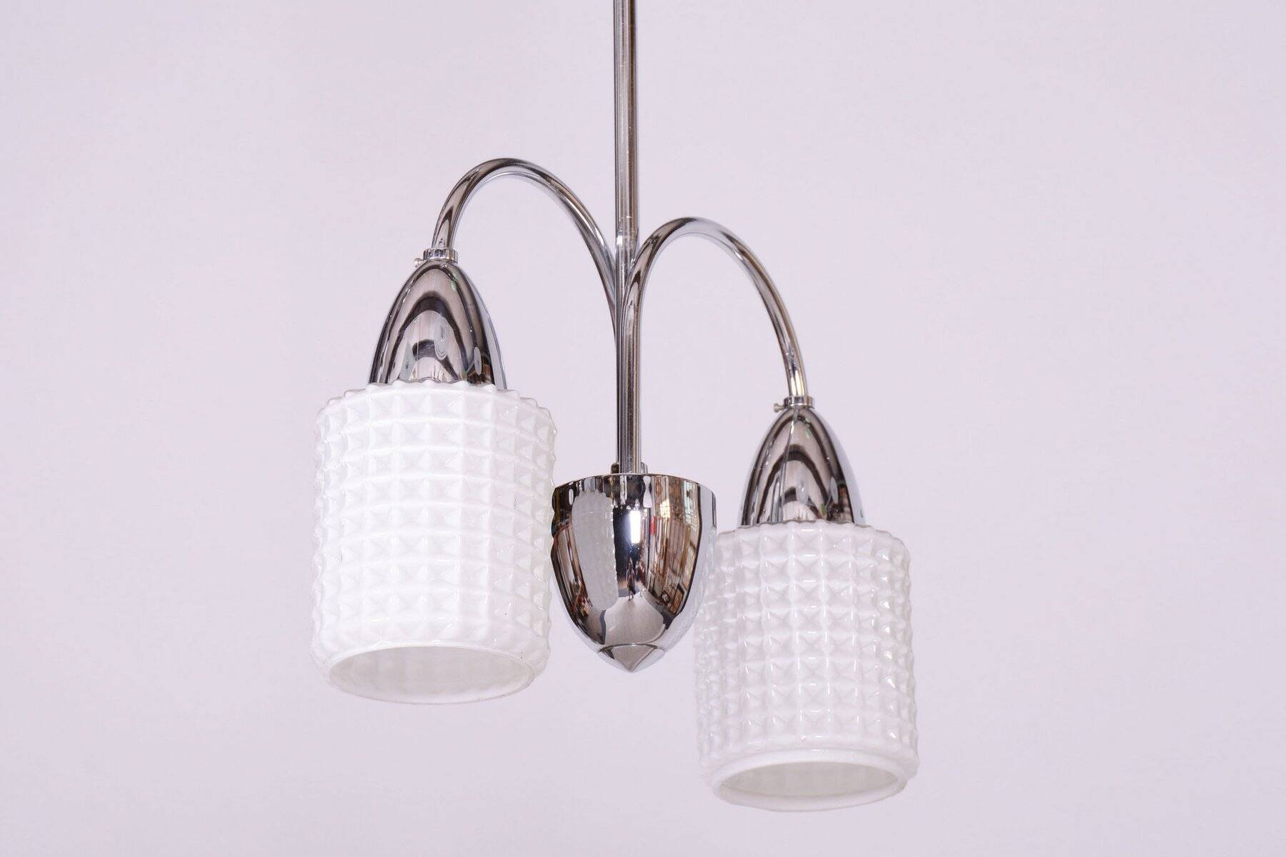 Mid-Century Chandelier in Chrome, Steel and Opaline Glass, Czech, 1960s