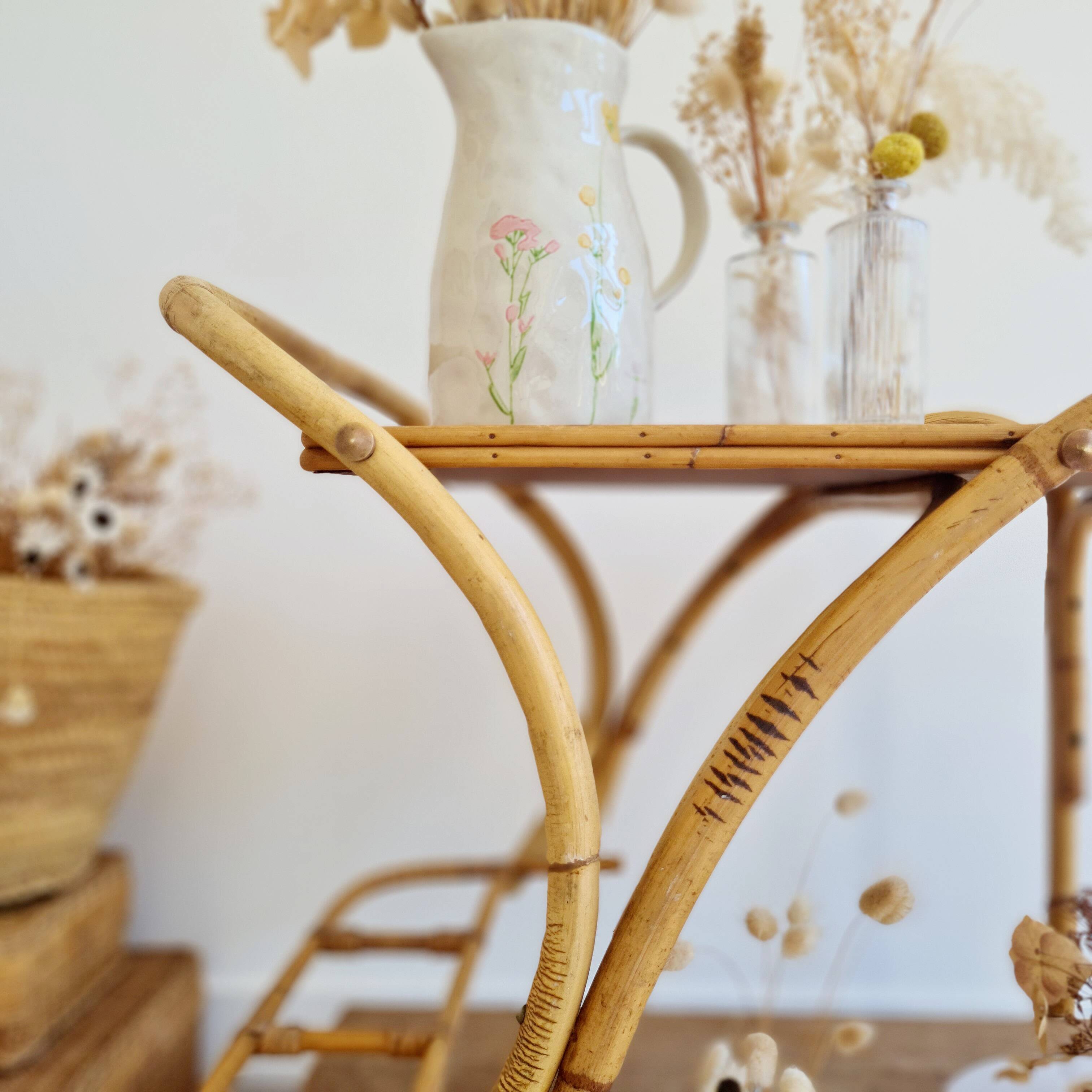 Antique rattan serving trolley with double shelves