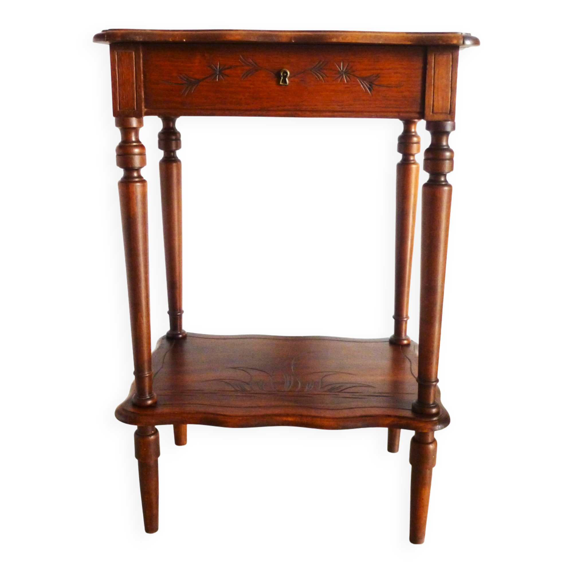 Vintage 1920s wooden dressing table with mirror and storage.