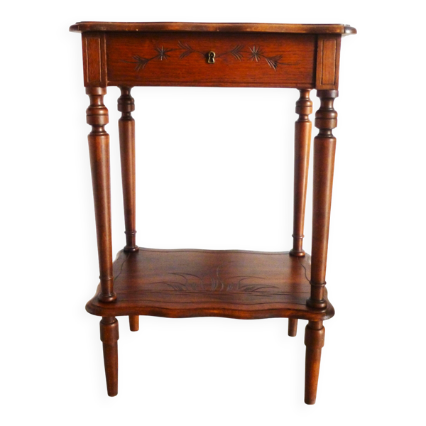 Meuble coiffeuse en bois vintage des années 1920 avec miroir et rangement.