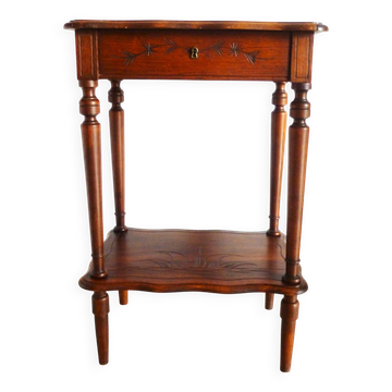 Meuble coiffeuse en bois vintage des années 1920 avec miroir et rangement.