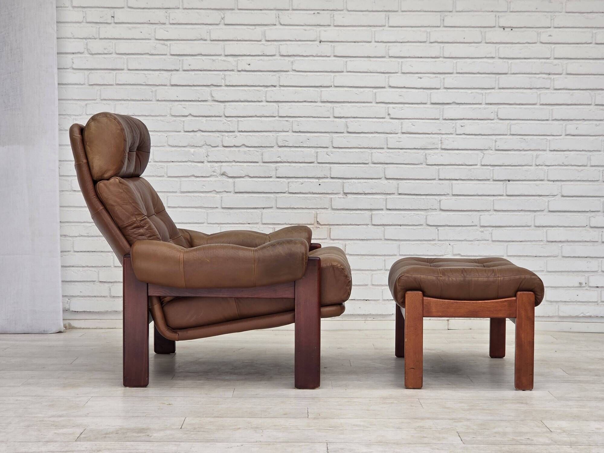1970s, Swedish design, armchair with footstool, furniture leather.