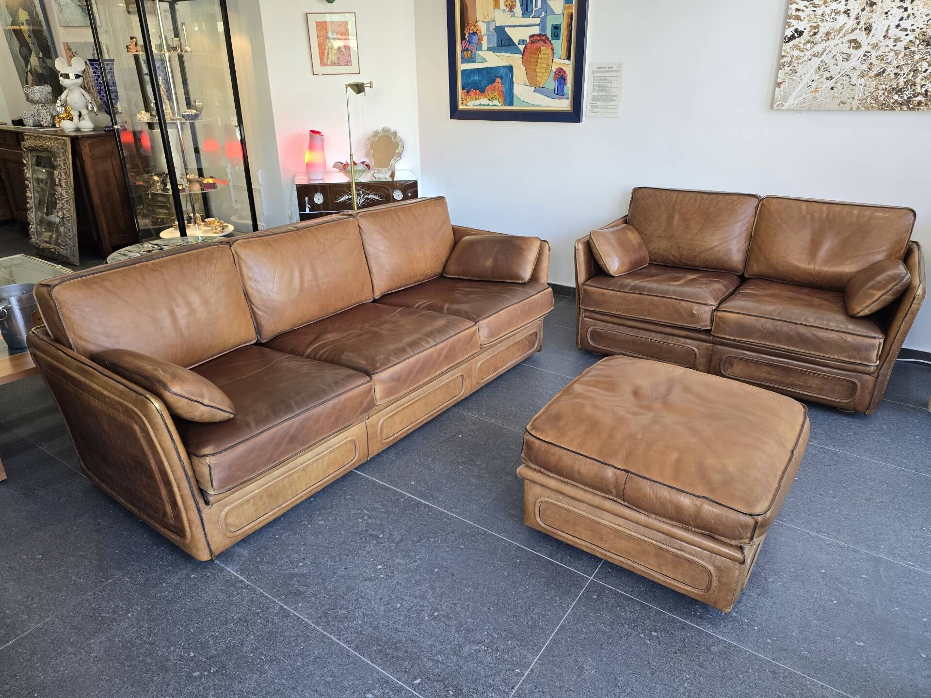 Roche Bobois vintage lounge from the 80s – cognac buffalo leather – 2 sofas + pouf