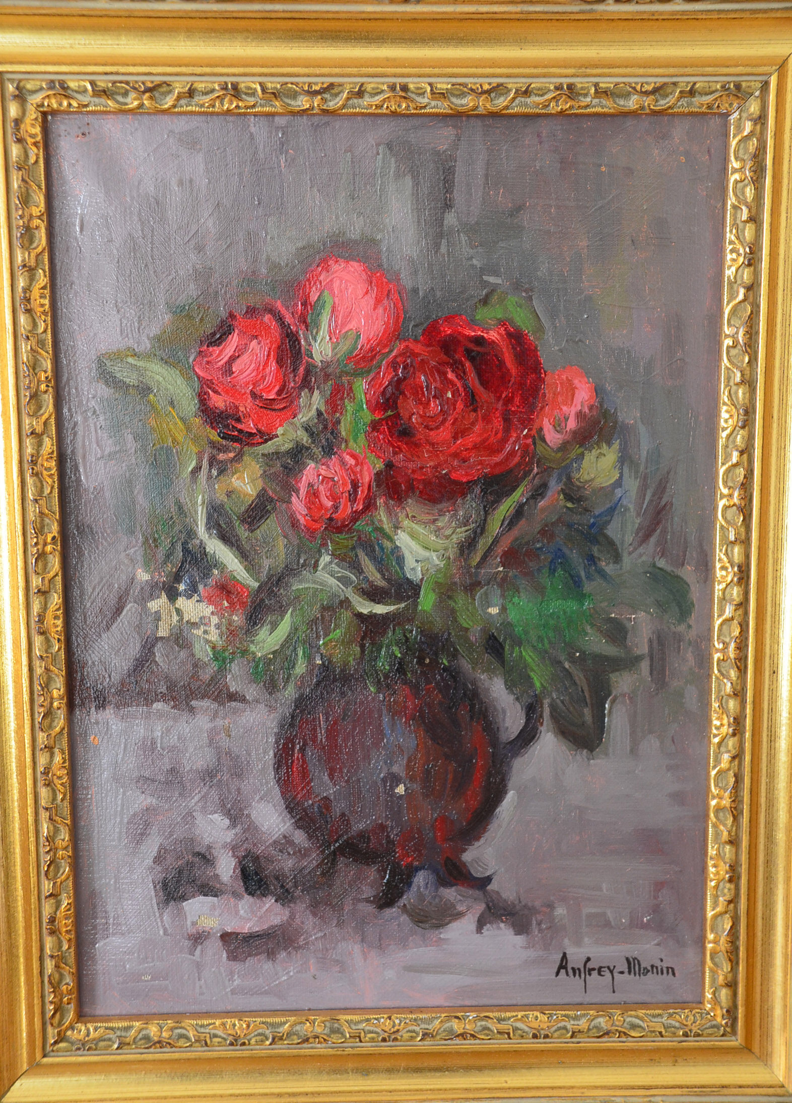 Oil on still-life canvas bouquet of flowers by Anfrey-Monin
