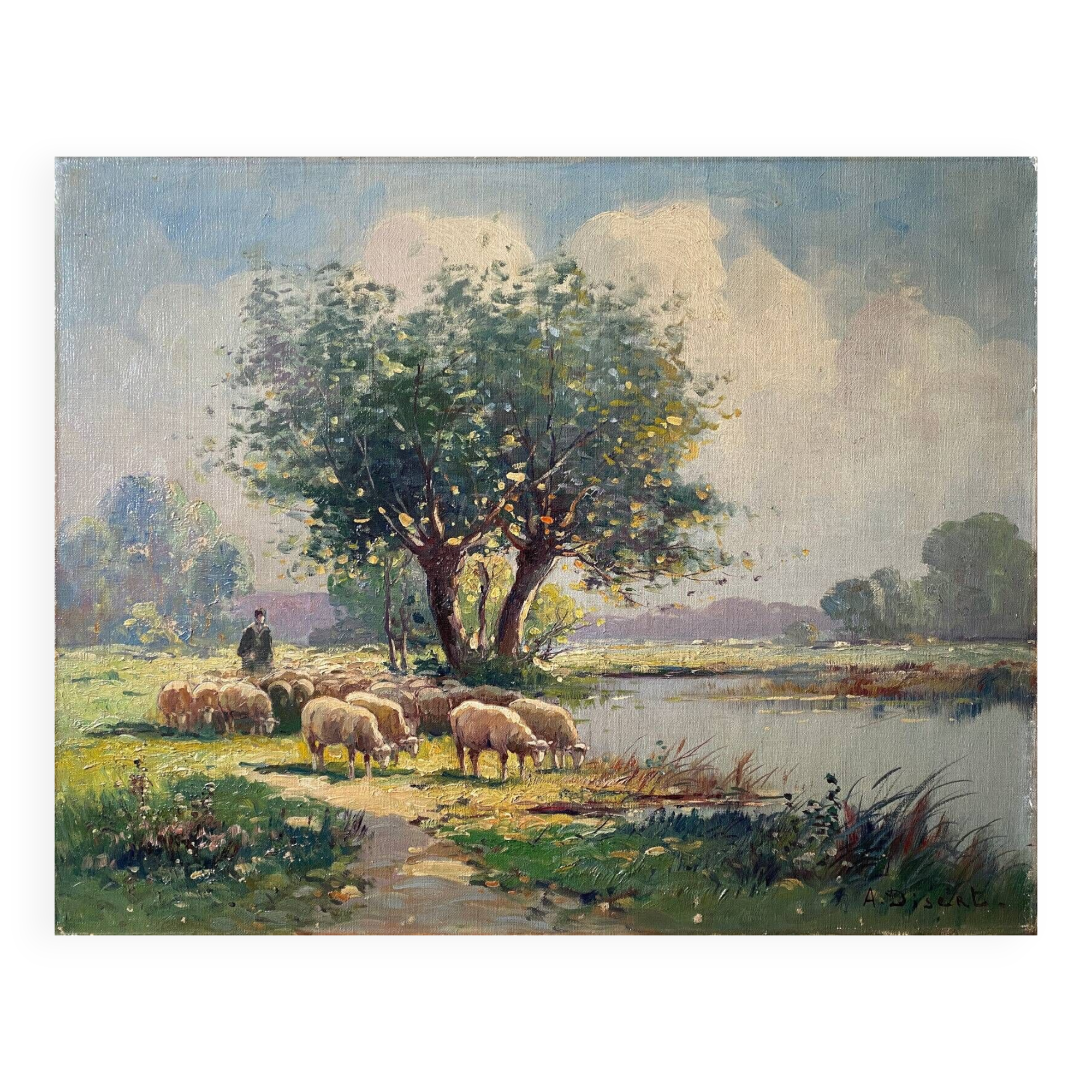 Hst painting "shepherd and sheep near the pond" signed a. disert impressionism