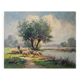 Hst painting "shepherd and sheep near the pond" signed a. disert impressionism