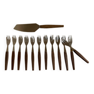 Set of 12 teak dessert forks 1960 Scandinavian