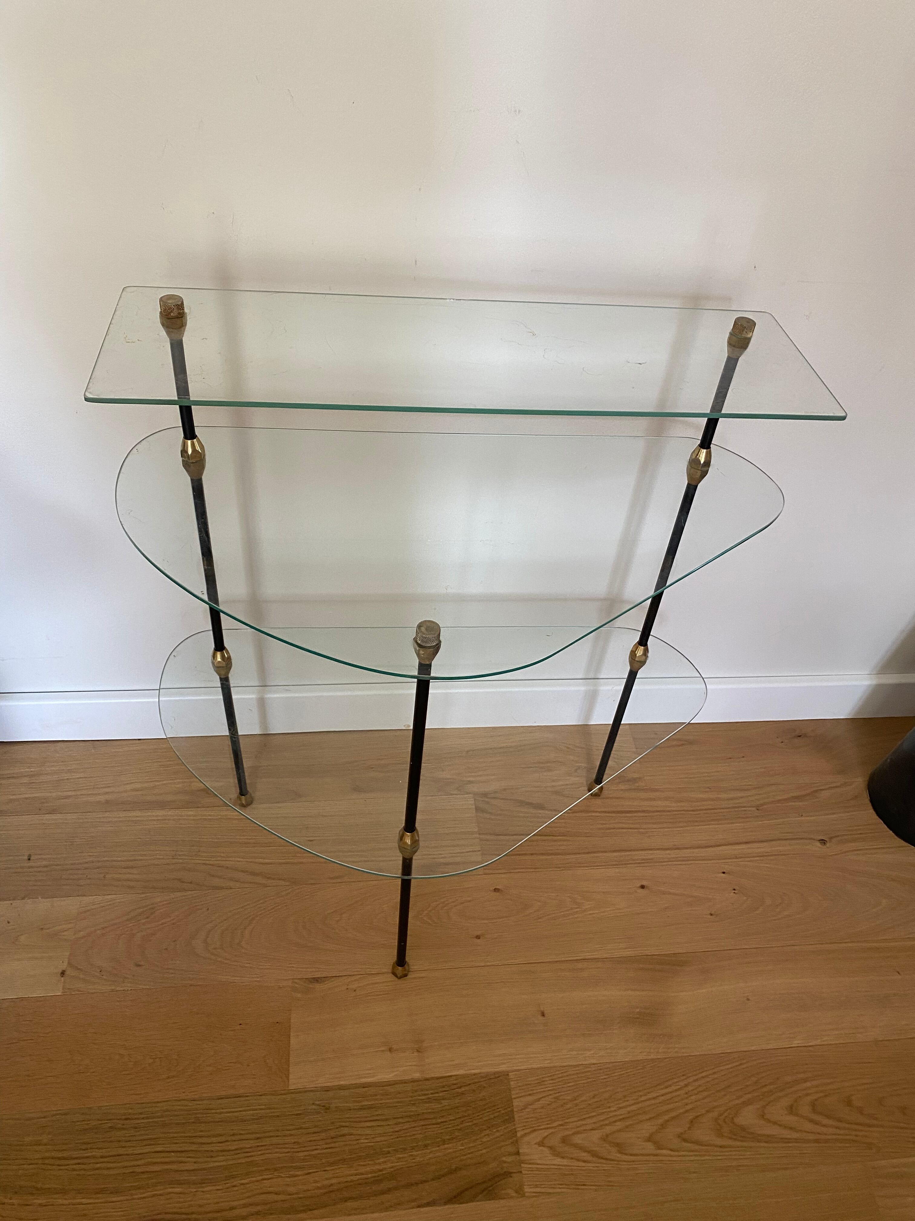 Glass and iron tripod console 1950