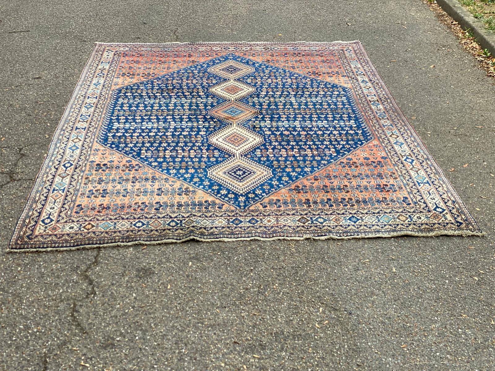 Handmade Yalameh Persian rug 200x300 indigo blue terracotta